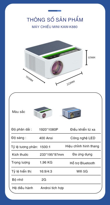 Máy Chiếu Mini, Máy Chiếu 4K - Máy Chiếu Mini Kaw K880 Android 9.0, Full Hd 1080, Kết Nối Điện Thoại, Wifi