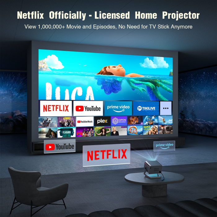Máy chiếu KAW Netflix Mini - Trình Chiếu Netflix Chính Hãng, Full HD 1080P, Hỗ Trợ WiFi & Bluetooth