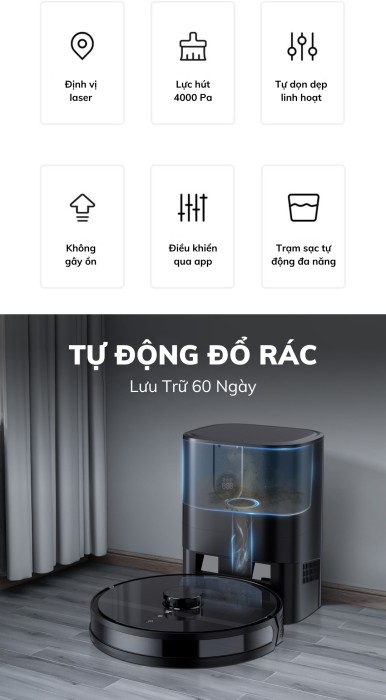 Robot hút bụi thông minh KAW – Công nghệ định vị LDS, lực hút 4000Pa, êm ái chỉ 55dB, đổ rác tự động, bản đồ trực tiếp.