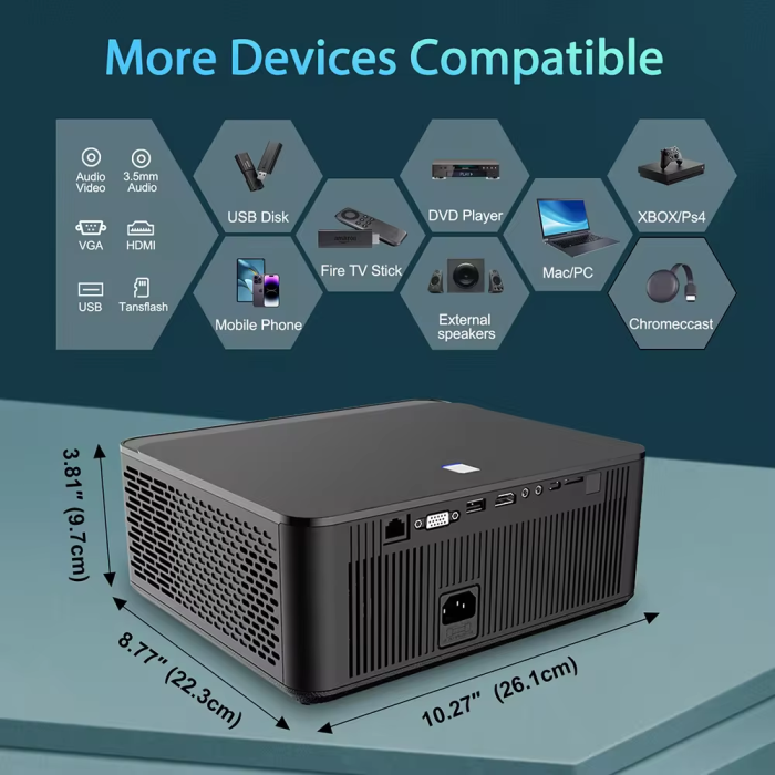 Máy Chiếu Android 4K 1080P - Độ Sáng 800 ANSI,Trình Chiếu Gia Đình & Văn Phòng