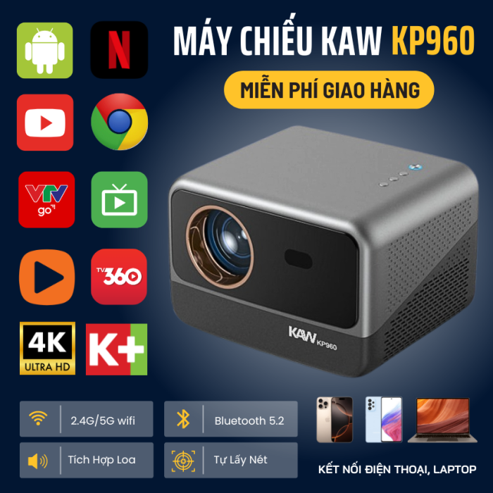 Máy chiếu Mini KAW KP960, Hỗ trợ độ phân giải 4K, Sắc nét, Phiên bản mới