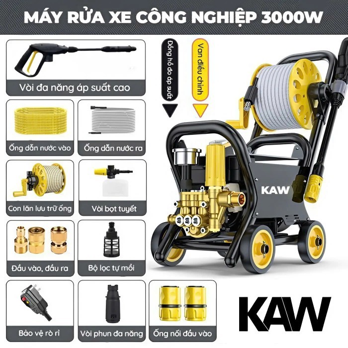 Máy Rửa Xe Công Nghiệp KAW 3000W - Xịt Rửa Ô Tô, Xe Máy, Tầm Phun Xa 10M