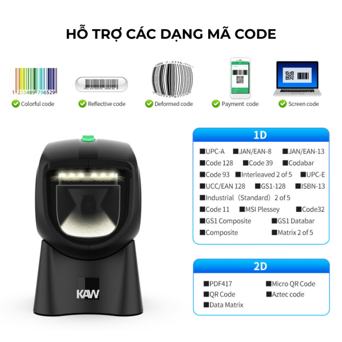 Máy Quét Mã Vạch Để Bàn KAW 136K Có Dây USB – Scanner 2D Tự Động, Quét QR & Barcode Nhanh, Công Nghệ CMOS