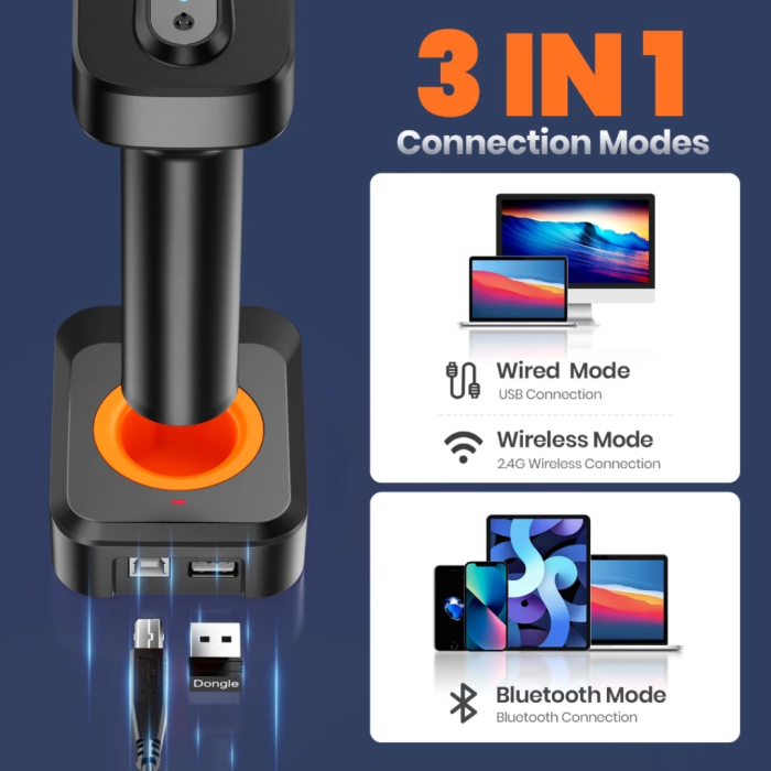 Máy Quét Mã Vạch 3 Trong 1 KAW 145A – Scanner Barcode 2D Bluetooth, Wireless 2.4G & USB, Đọc QR Code Trên Màn Hình Điện Thoại