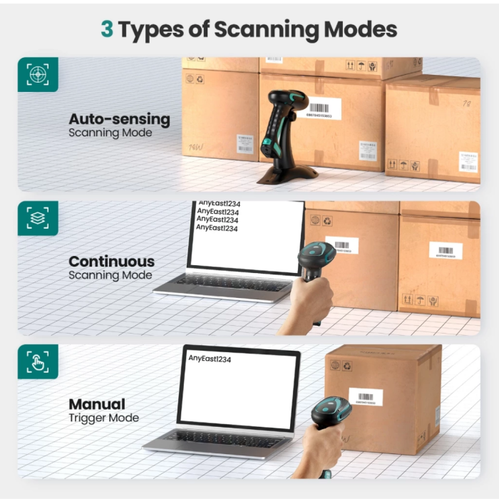 Máy Quét Mã Vạch Không Dây Công Nghiệp KAW 128C – Scanner Barcode 1D/2D QR 3 Trong 1 Bluetooth, Wireless 2.4G & USB Có Chân Đế