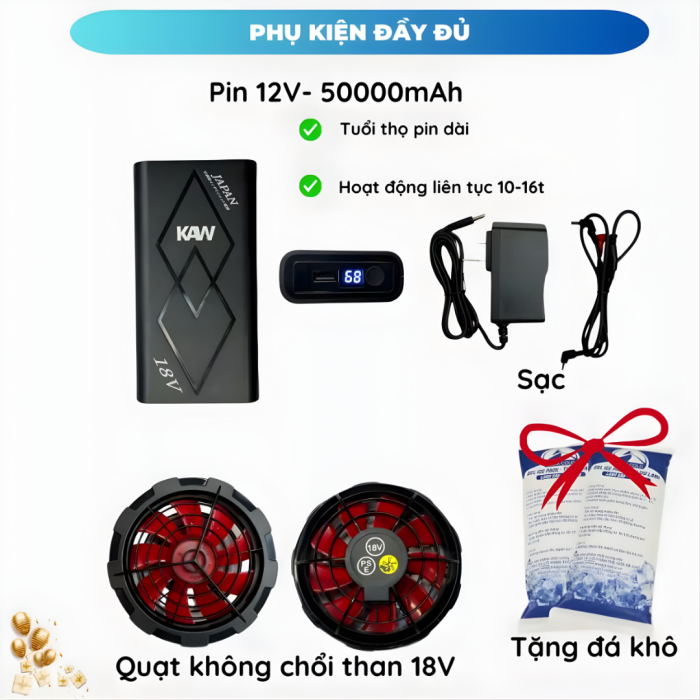 Áo Điều Hòa Bảo Hộ Lao Động KAW 558O Cao Cấp – Pin 50.000mAh, Quạt Làm Mát 3 Tốc Độ, Chống Nắng, Chống UV, Dùng 12H